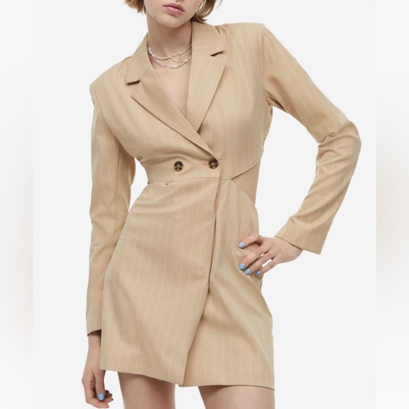 H&M Cut-Out Blazer Jacket Backless Long Sleeve Mini Dress Beige Tan Pinstripe M - Picture 5 of 10